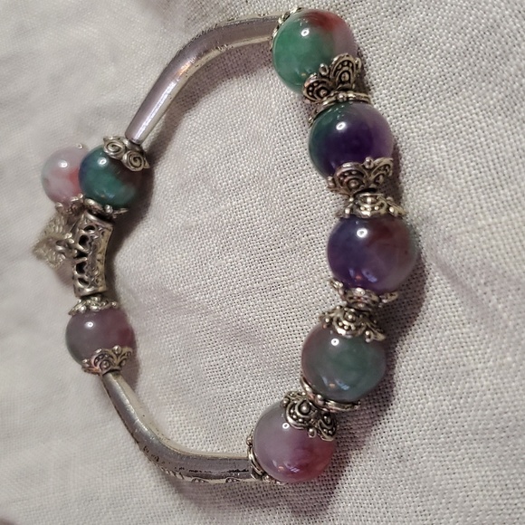 Multi colored Jade and Silver Stretch Bracelet - Picture 1 of 5